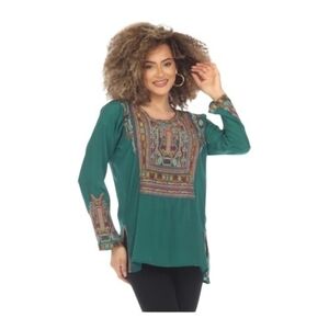 Johnny Was Biya Jaina Forest Pine Silk Embroidered Blouse Boho Top Size Small